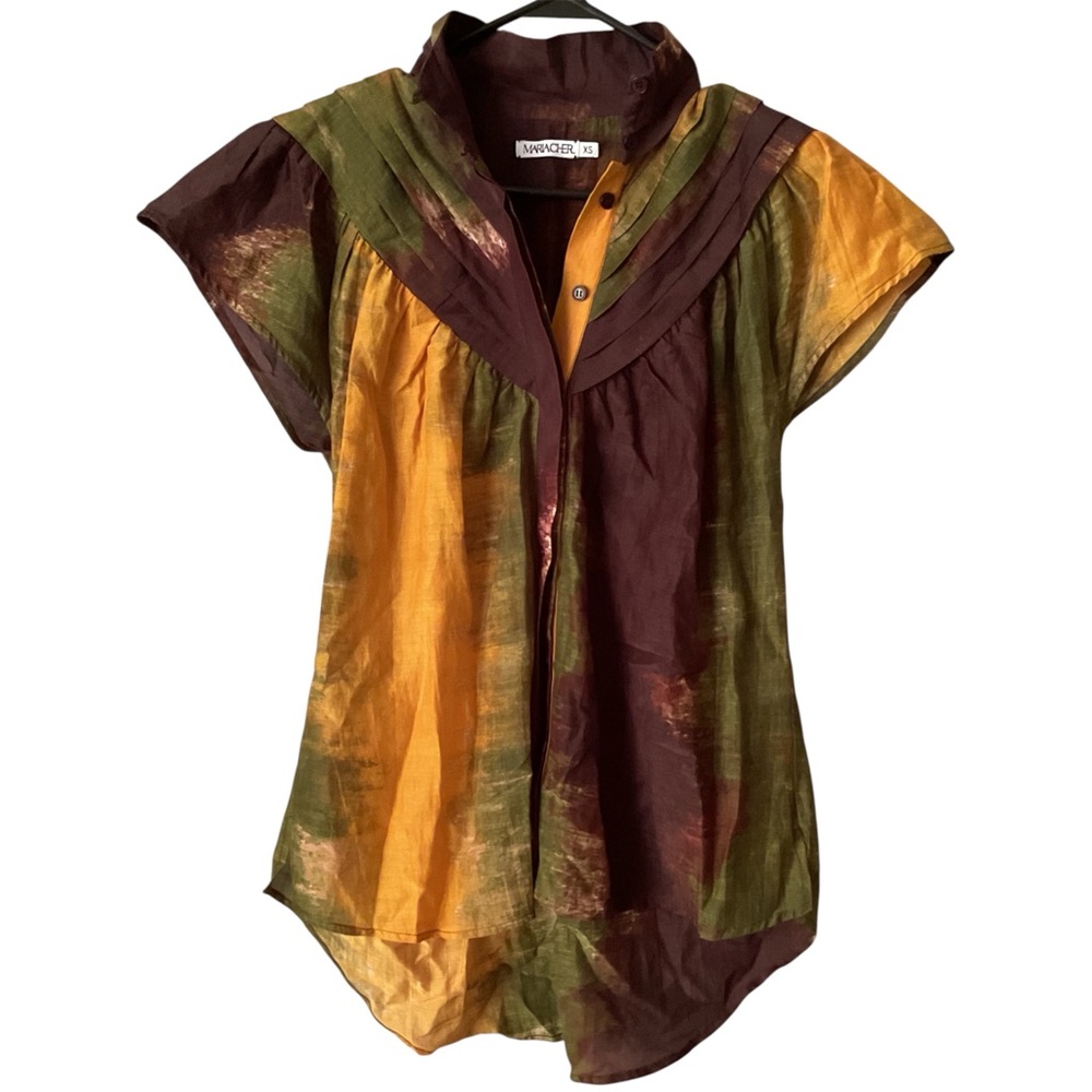 Maria Cher Silk Blend Blouse short sleeve high low multicolor Sz XS EUC